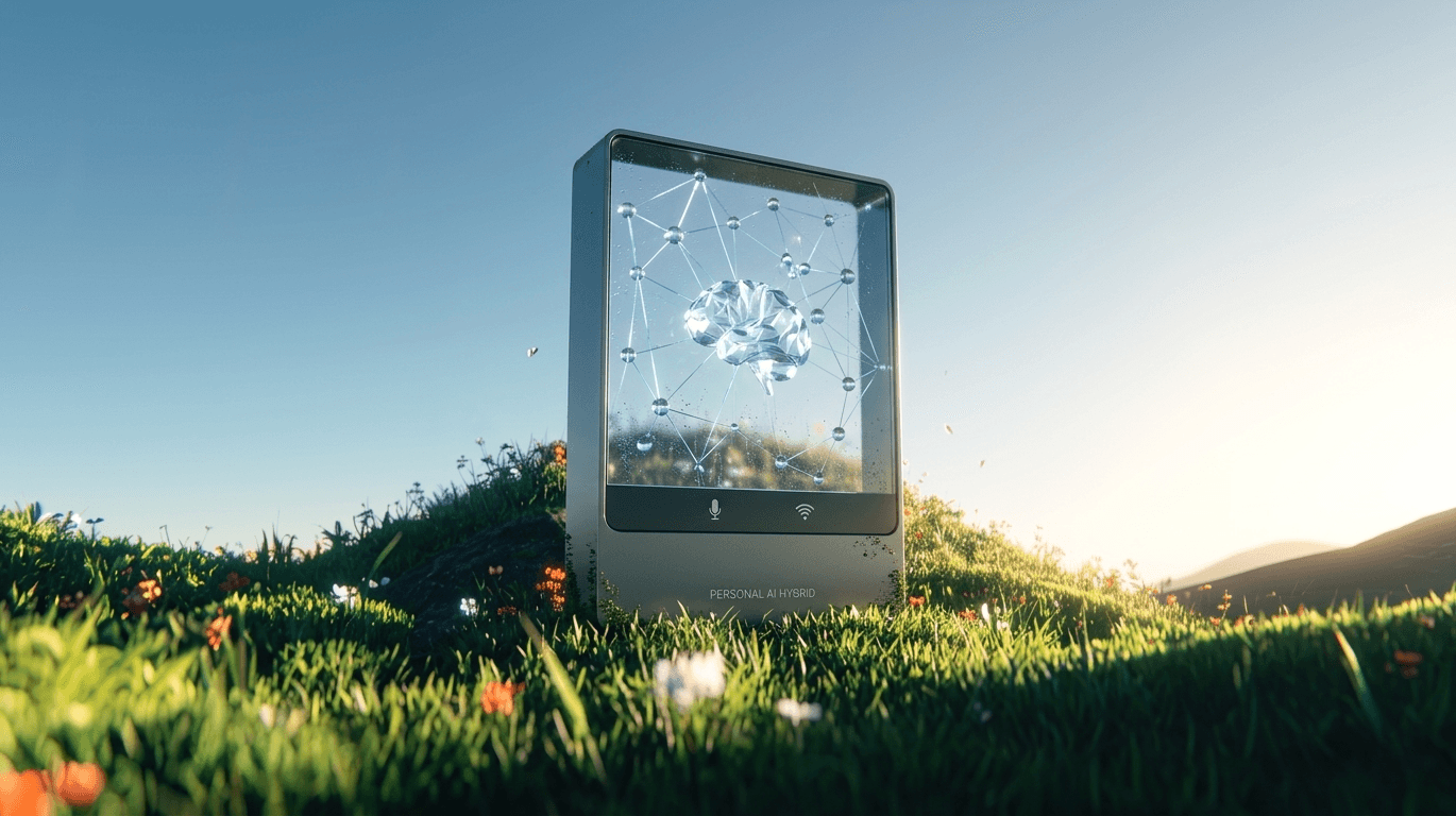 Digital brain in a futuristic device on a grassy hill.