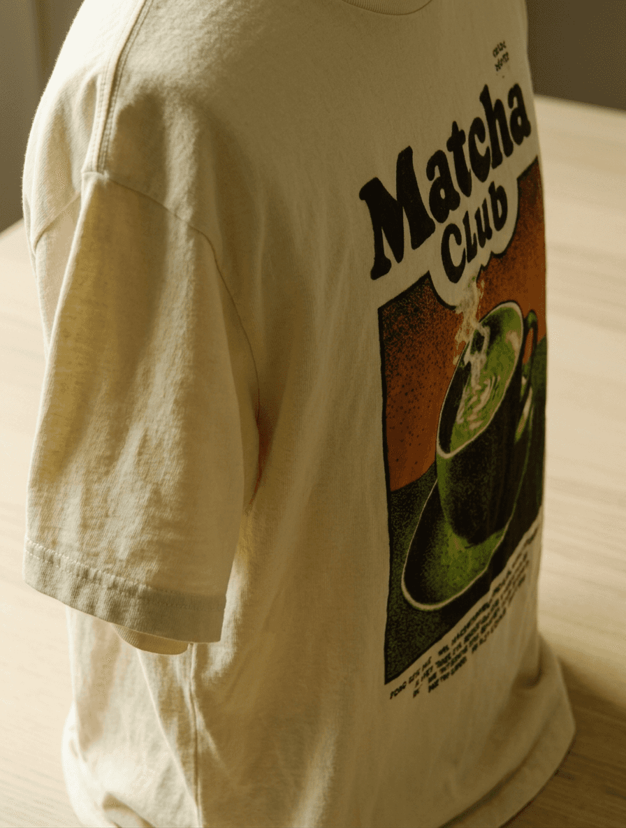 T-shirt with "Matcha Club" and a coffee cup design.