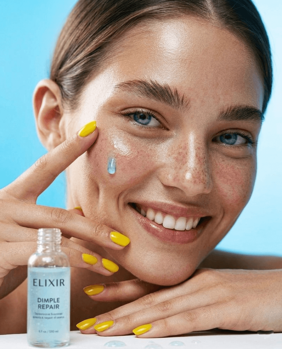 Woman with serum droplet, Elixir Dimple Repair bottle